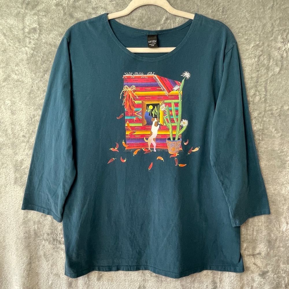 Sabaku Artwear Tunic Top Women Large Blue 3/4 Sleeve Southwestern Cactus Dog USA